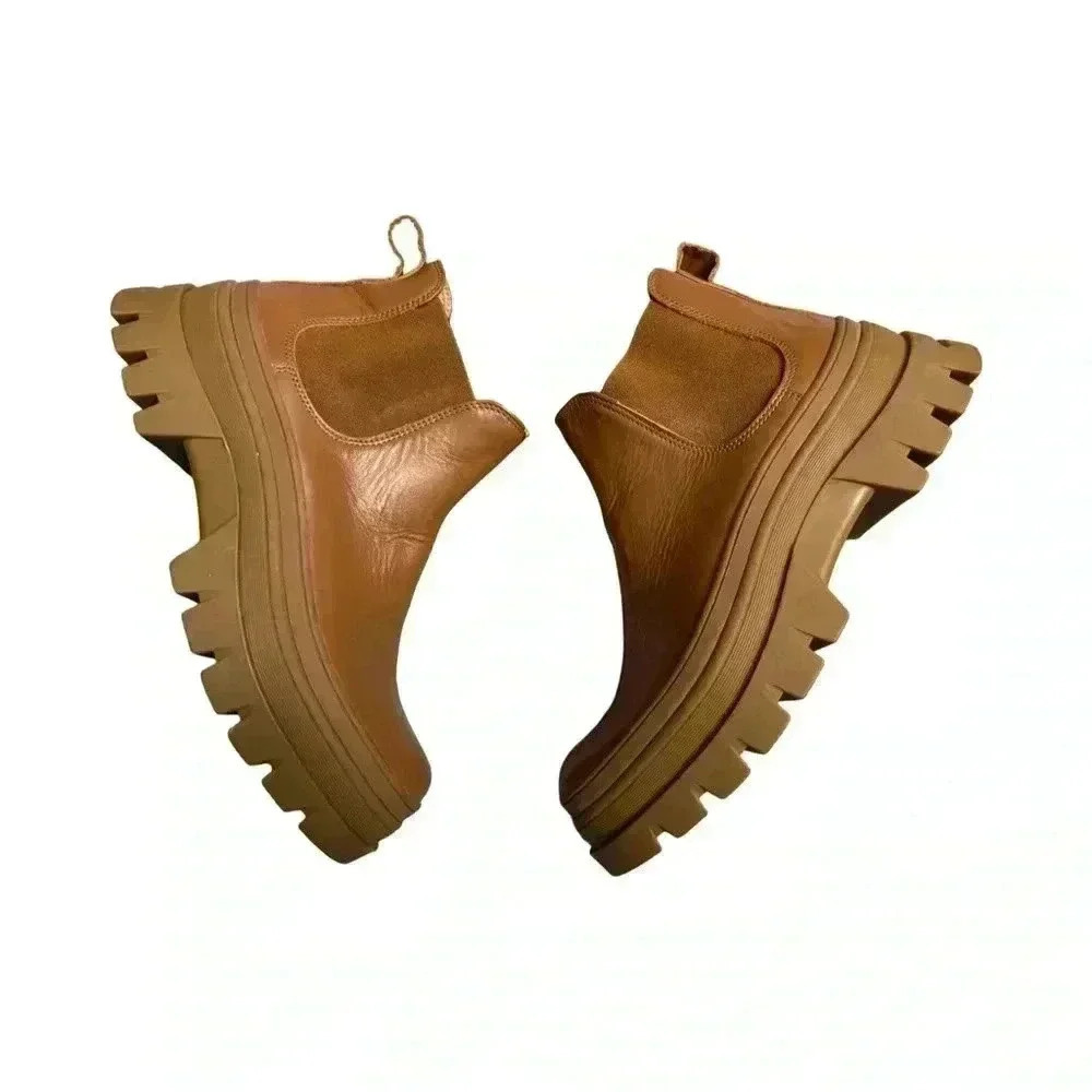 KOIO Verona Leather Chelsea Boots Chunky Sole Minimalist Tan Beige Platform - Picture 3 of 15